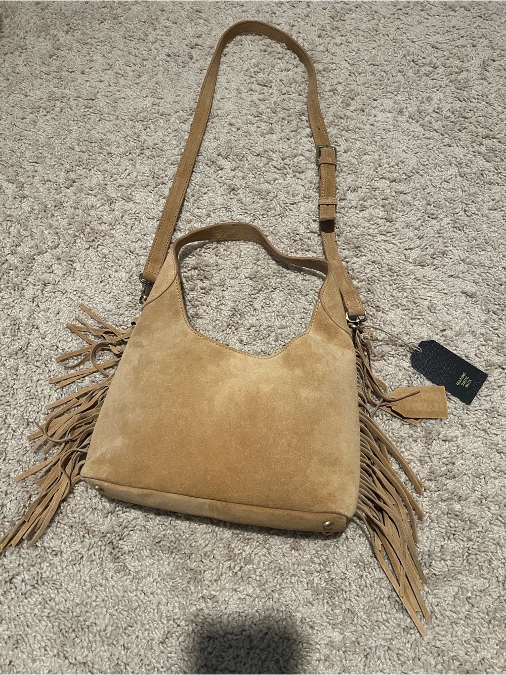 Genuine Leather Suede Fringe Crossbody Shoulder Bag in Tan